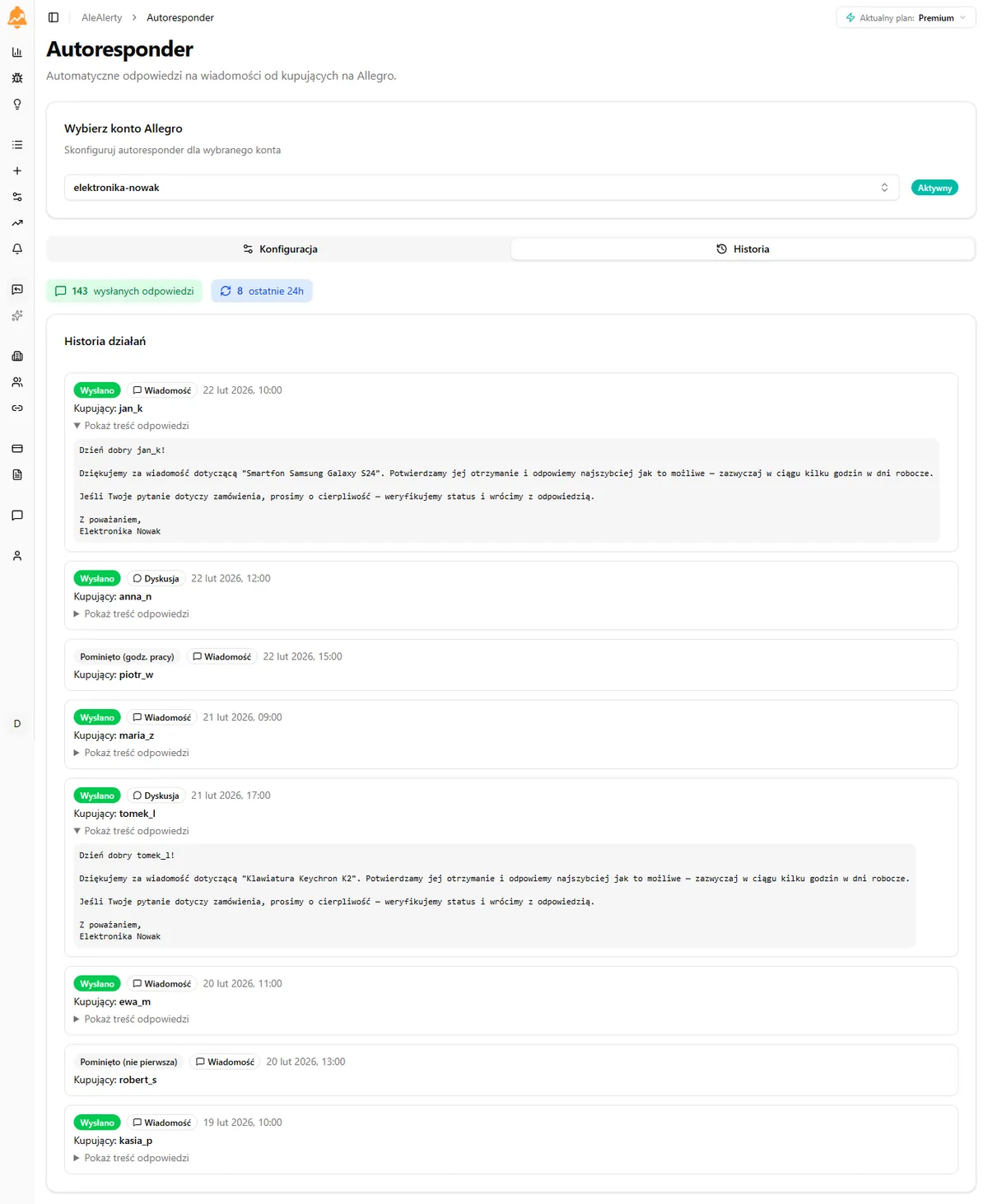 Historia działań autorespondera AleAlerty