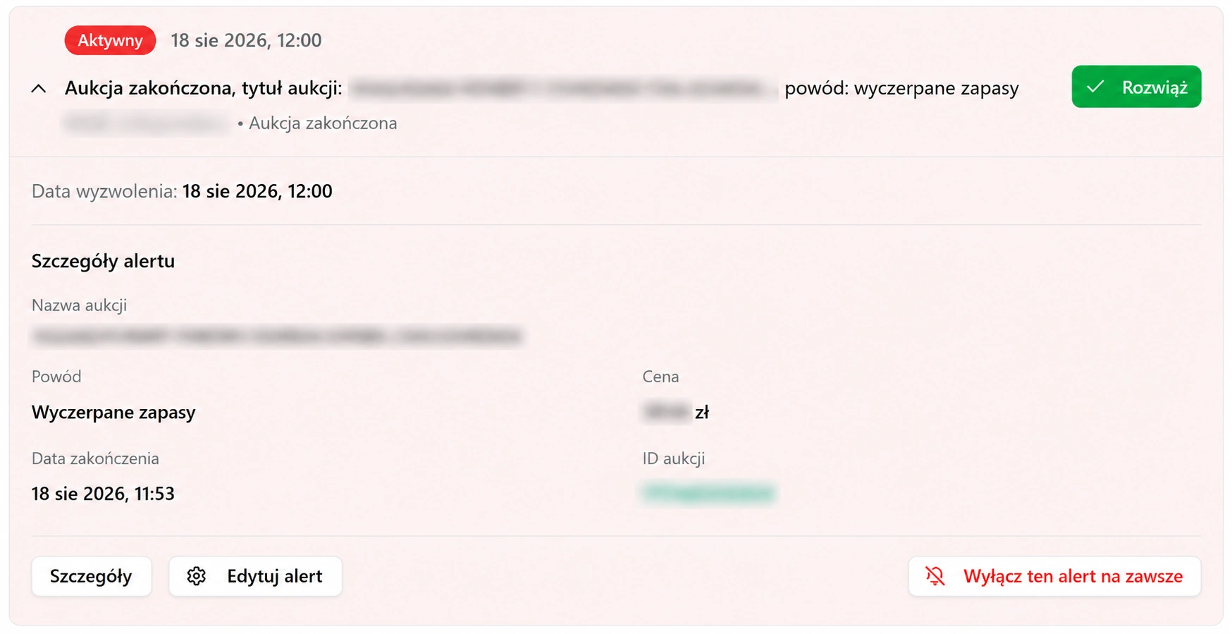 Powiadomienie z alertu „Aukcja zakończona” w AleAlerty