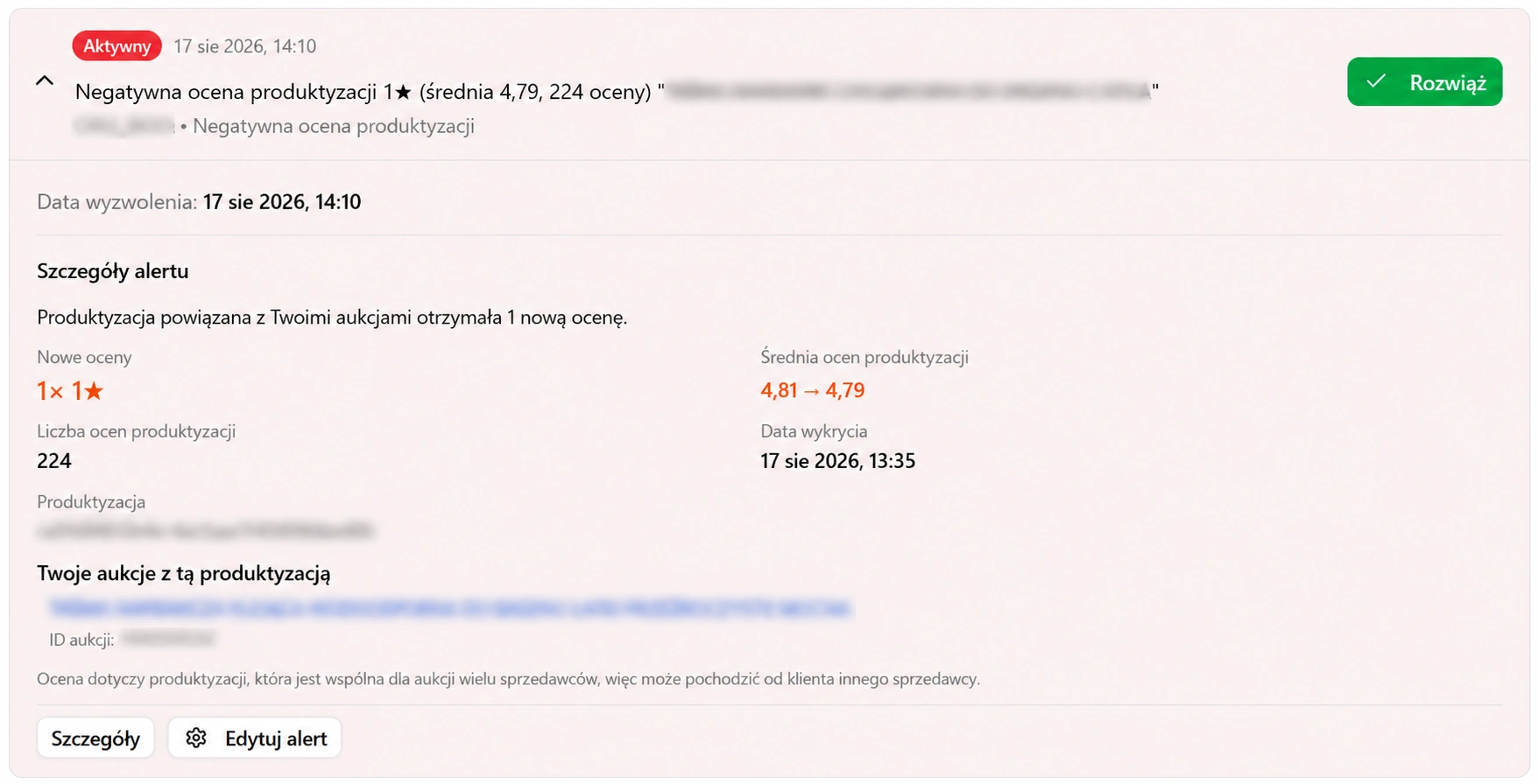 Alert „Negatywna ocena w produktyzacji” w AleAlerty ze szczegółami oceny i listą powiązanych aukcji
