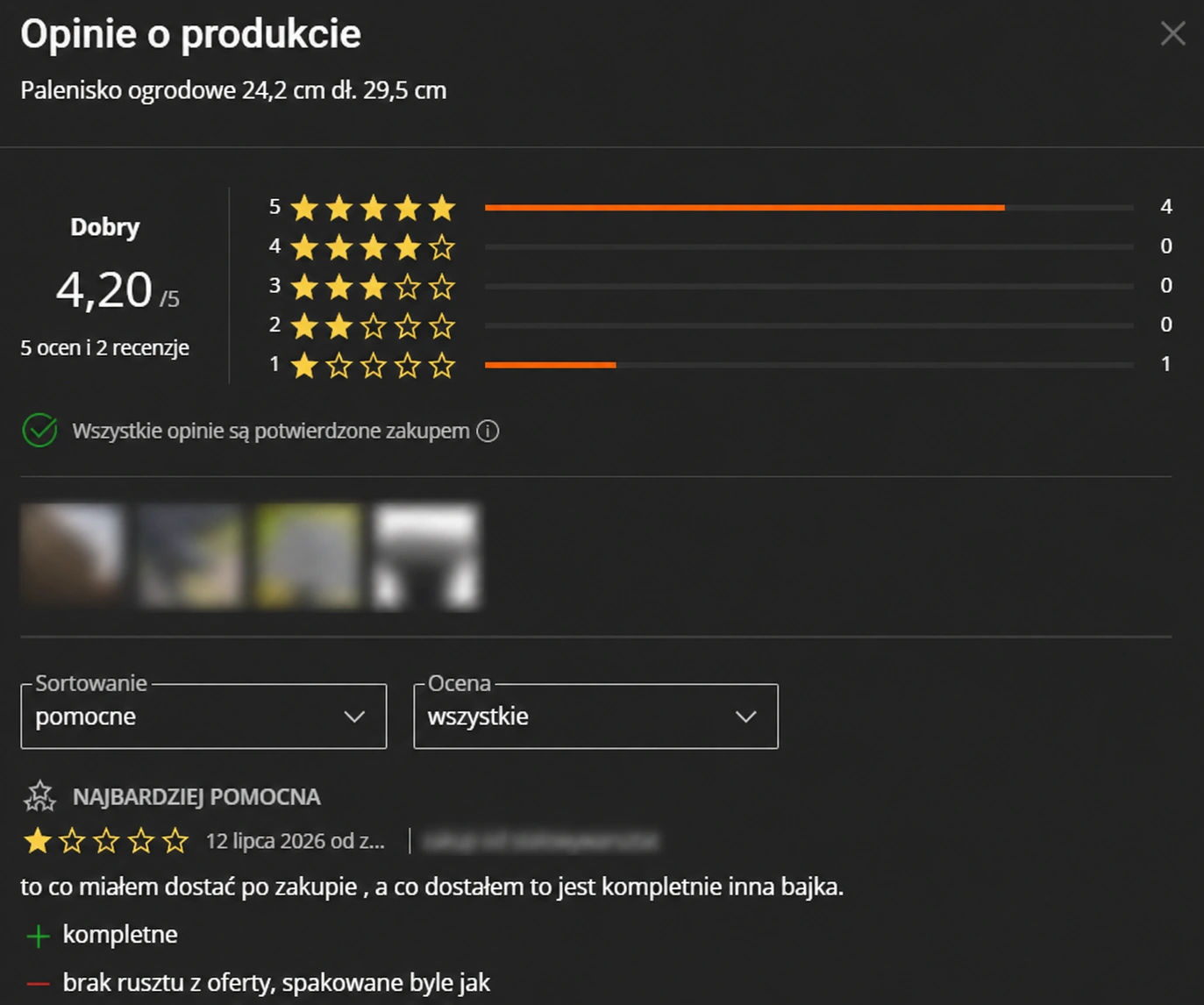 Panel „Opinie o produkcie” na Allegro — średnia 4,20 i pojedyncza ocena na 1 gwiazdkę